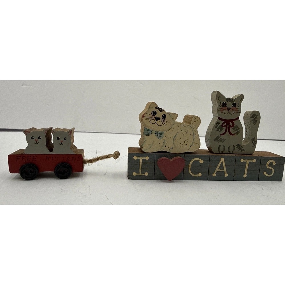 Set of 4 Handpainted Gray White Kittens Wood Display Decor I ❤️ Cats‎